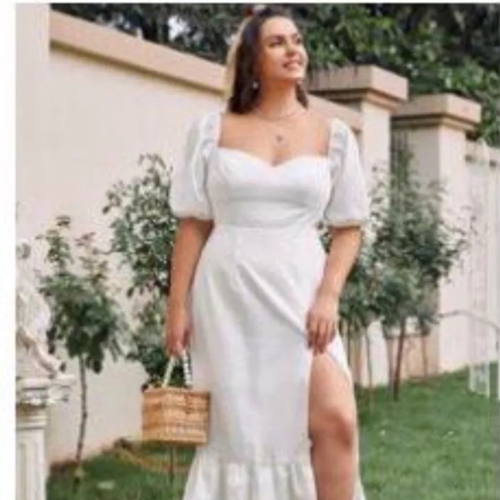SHEIN  size XL White Sweetheart Neck Puff Sleeve High Split Dress NWOT